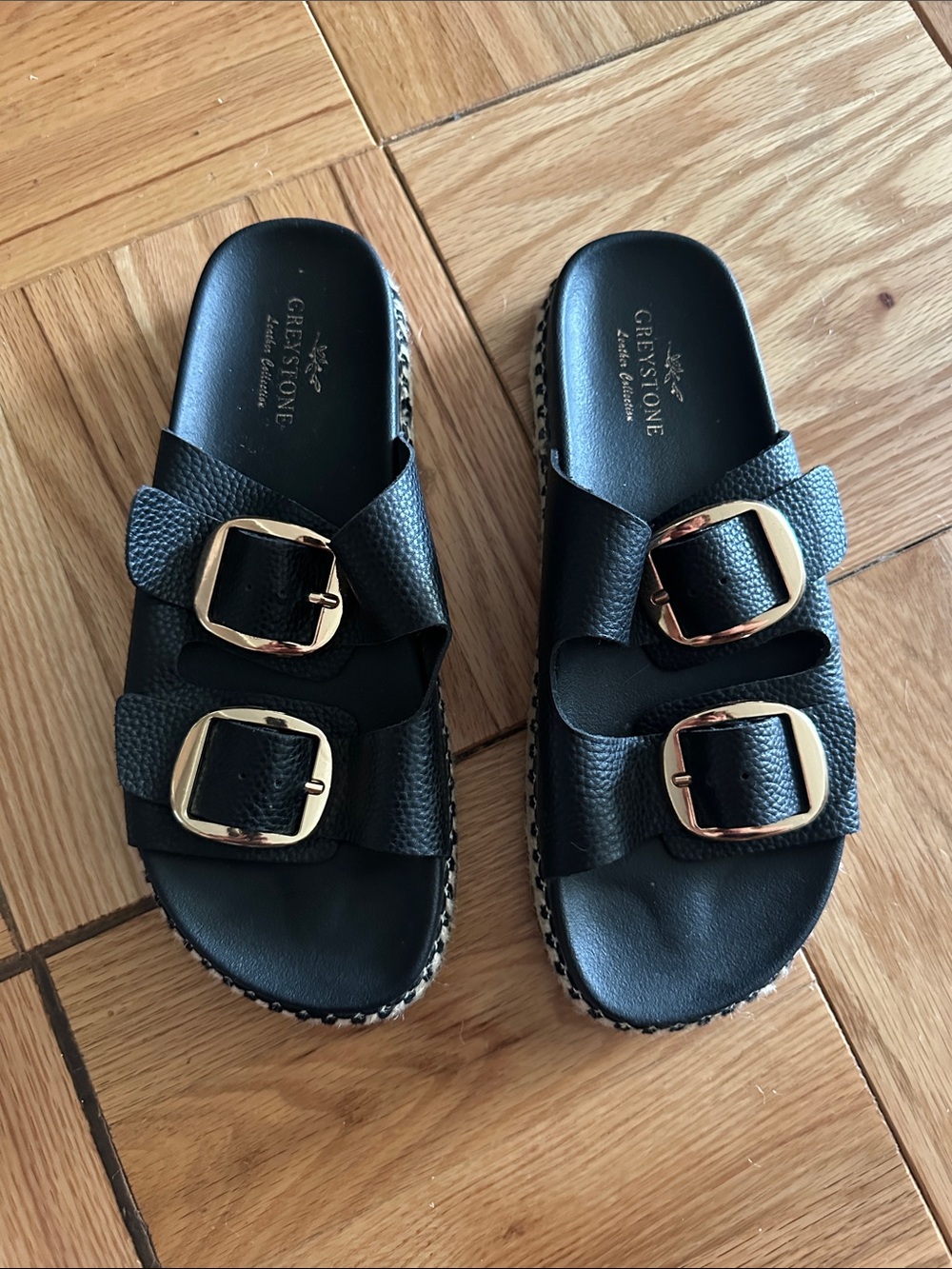 Greysone Black Double-Buckle Slide Sandals with Gold Accents Size 7.5